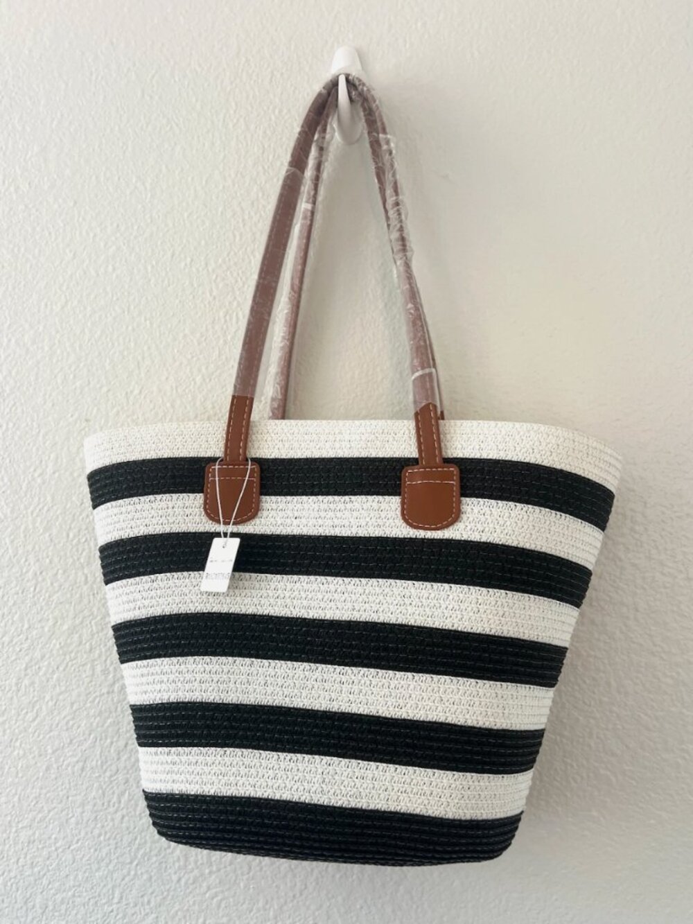 Large Black & White Striped Straw Tote Bag – Summer Beach Shoulder Bag